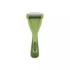 Green brush with metal curved teeth. Brush positioned up right. Safari de shedding tool for cats.