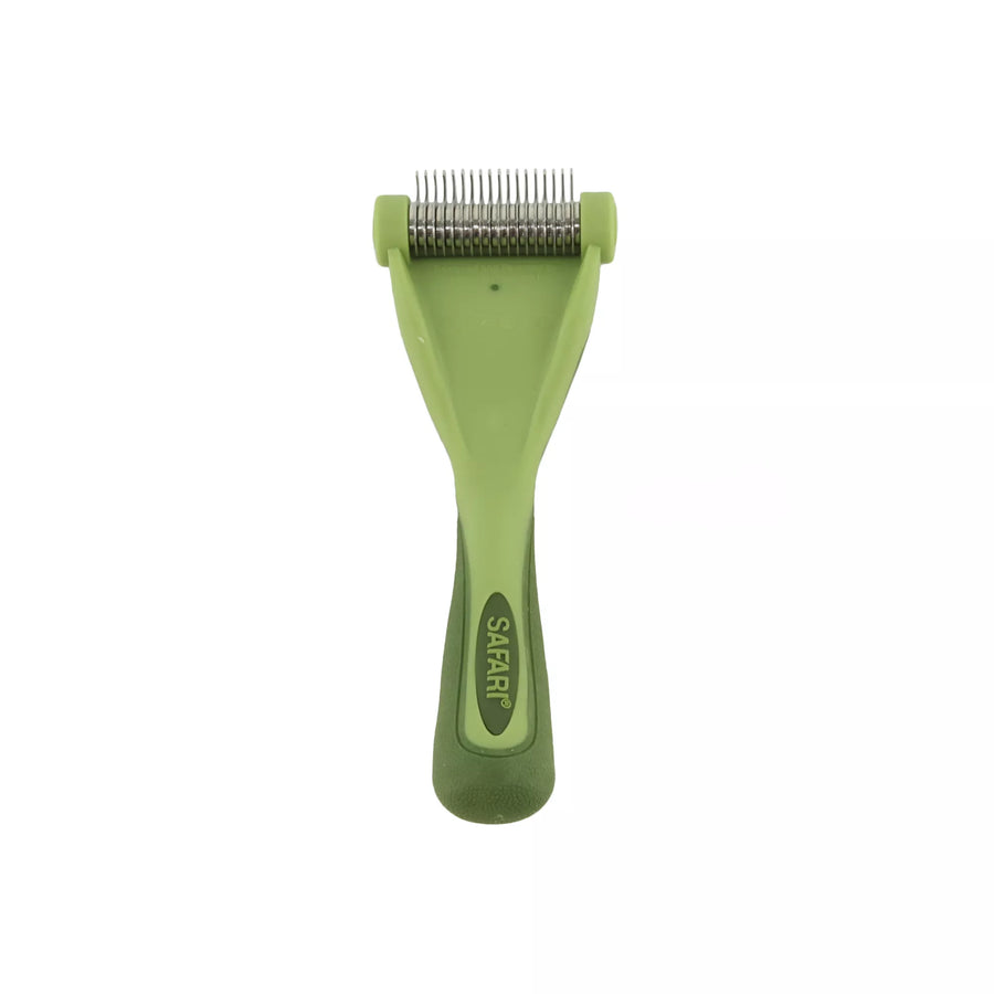Green brush with metal curved teeth. Brush positioned up right. Safari de shedding tool for cats.