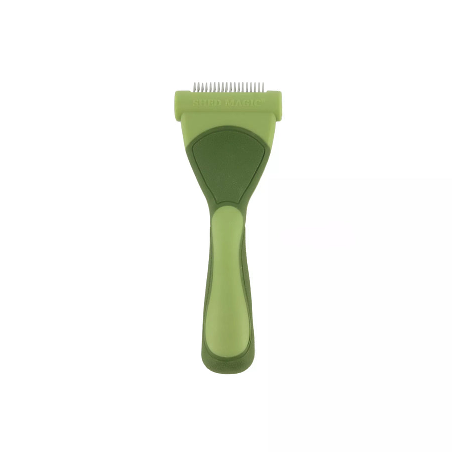 Green brush with metal curved teeth. Brush positioned up right, view of the back. Safari de shedding tool for cats.