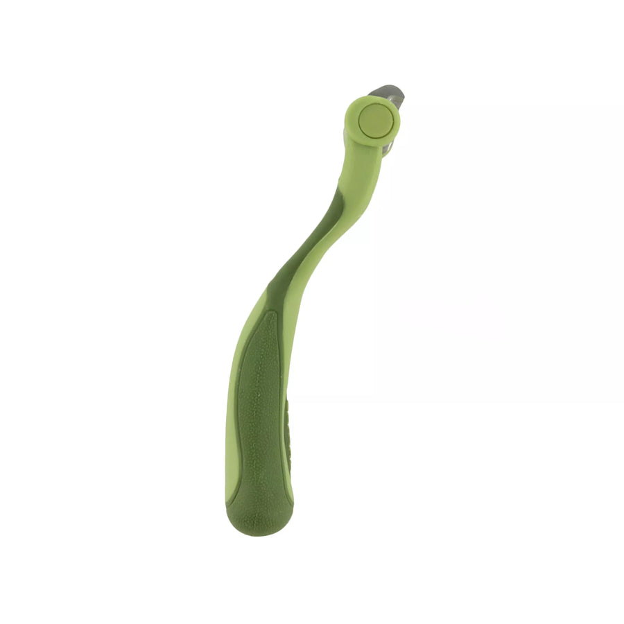 Green brush with metal curved teeth. Brush positioned up right, view from the side. Safari de shedding tool for cats.