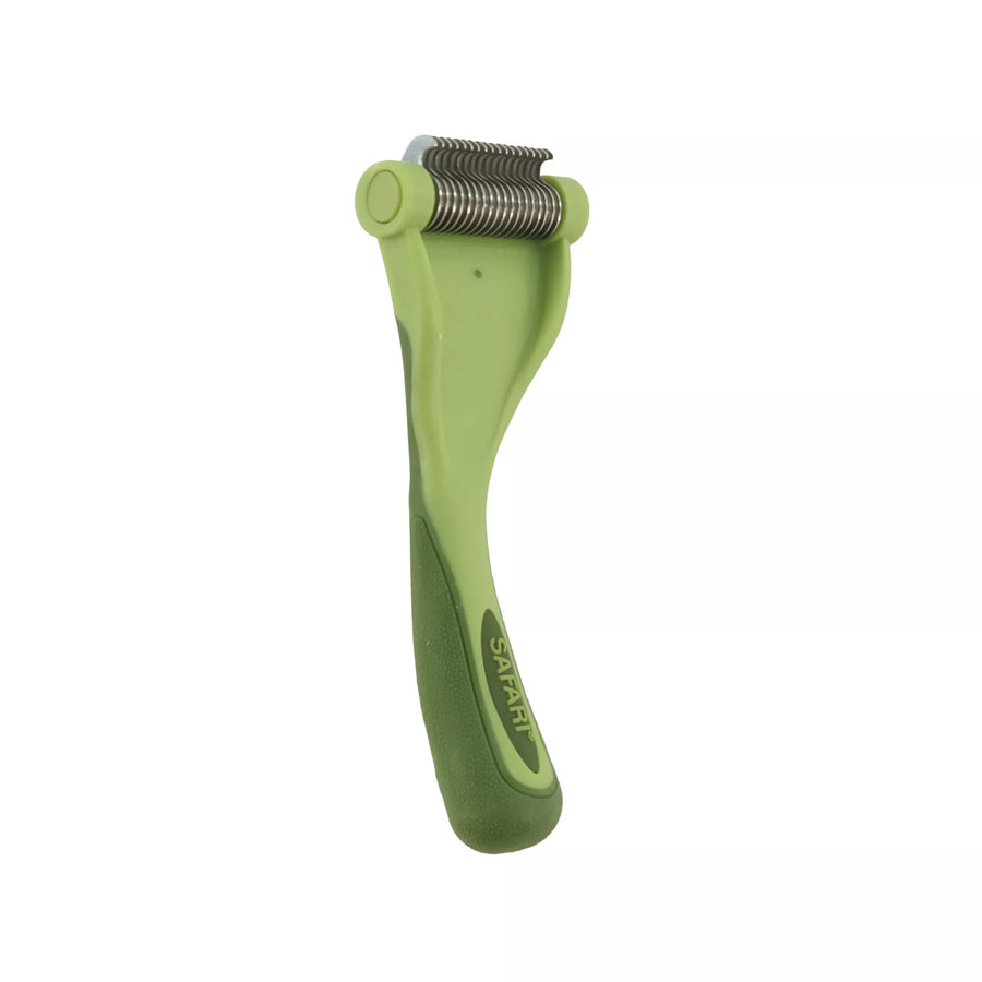 Green brush with metal curved teeth. Brush positioned up right, view of quarter angle. Safari de shedding tool for cats.