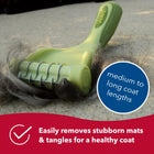 Close up of brush blades with a clump of hair. Medium to long coat lengths. Easily removes stubborn mats and tangles for a healthy coat. Safari de shedding tool for cats.