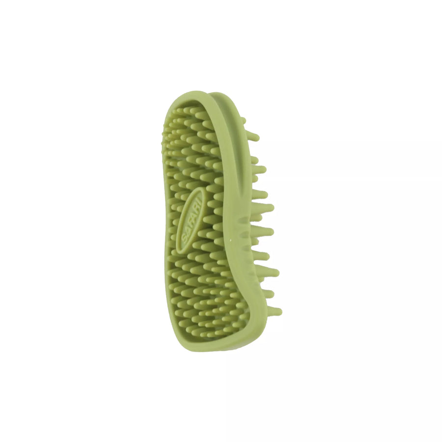 Green palm brush with rounded, rubberized brush teeth. Brush positioned up right, quarter back view of brush. Safari Soft Tip Massager Cat Brush.