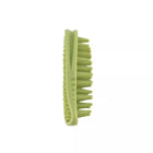 Green palm brush with rounded, rubberized brush teeth. Brush positioned up right, side view of brush. Back brush short bristles, front of brush long bristles. Safari Soft Tip Massager Cat Brush.