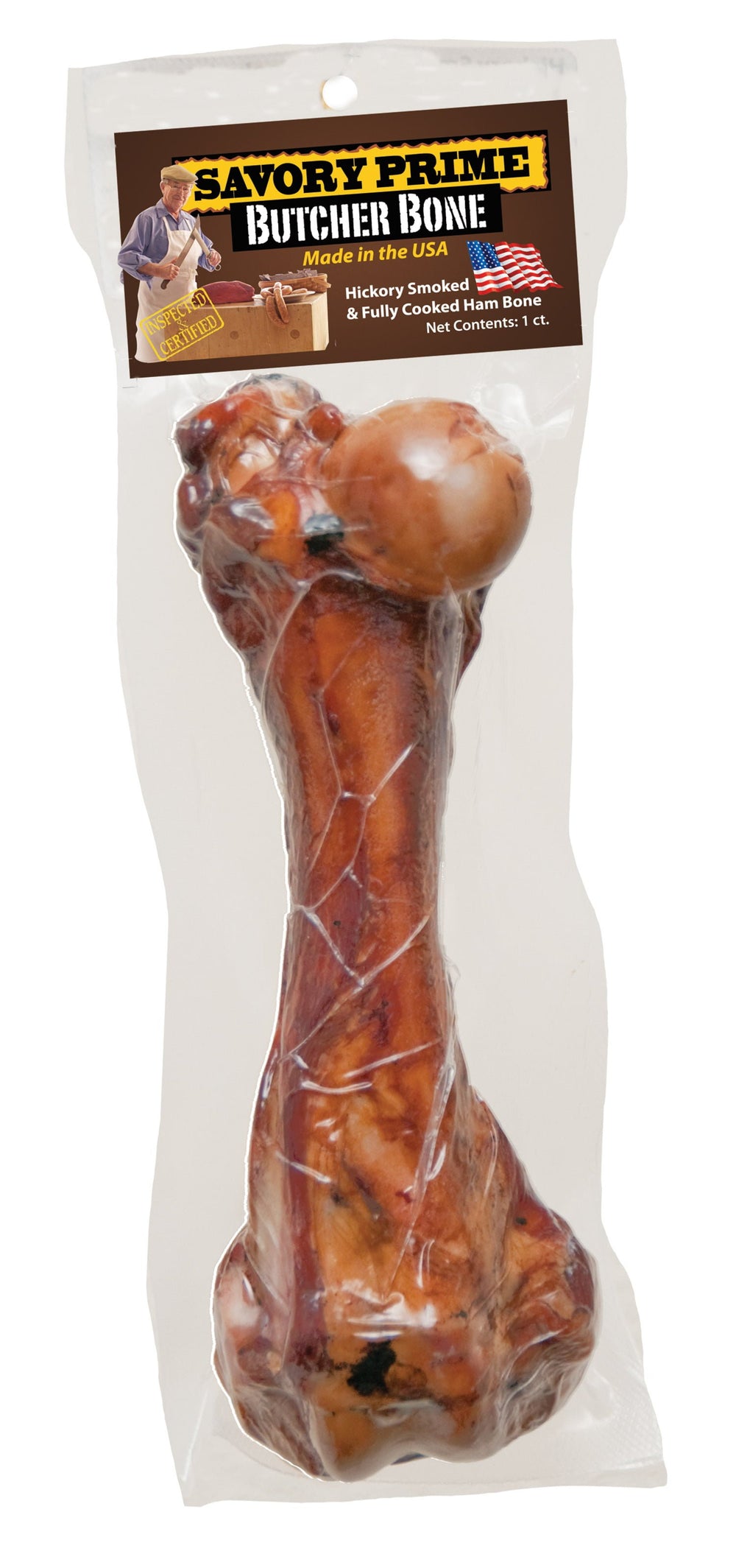 Savory Prime Ham Butcher Bone Dog Treat, Front Packaging sealed