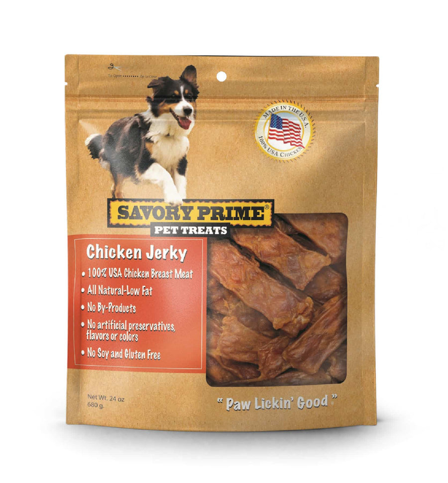 Savory Prime Jerky Chicken Dog Treats 24oz, Front Packaging