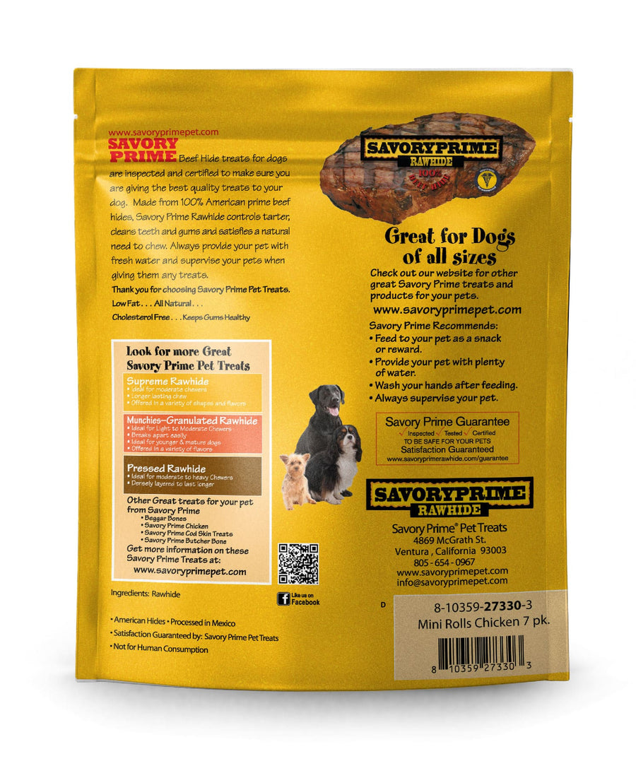 Savory Prime Mini Retriever Chicken Rolls Dog Treats 7 pk, Back Packaging