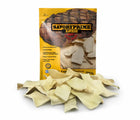 Savory Prime Rawhide Natural Chips Dog Treat Pile of Chips and Pouch Packaging