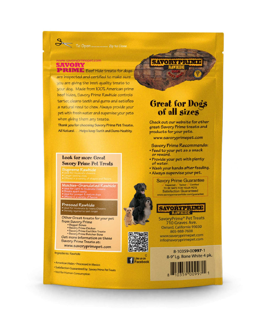 Savory Prime Supreme Rawhide Dog Treats 8-9" Lg. Bone, Back Packaging
