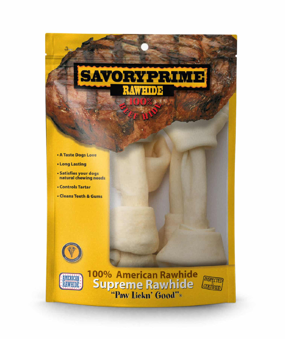 Savory Prime Supreme Rawhide Dog Treats 8-9" Lg. Bone, Front Packaging