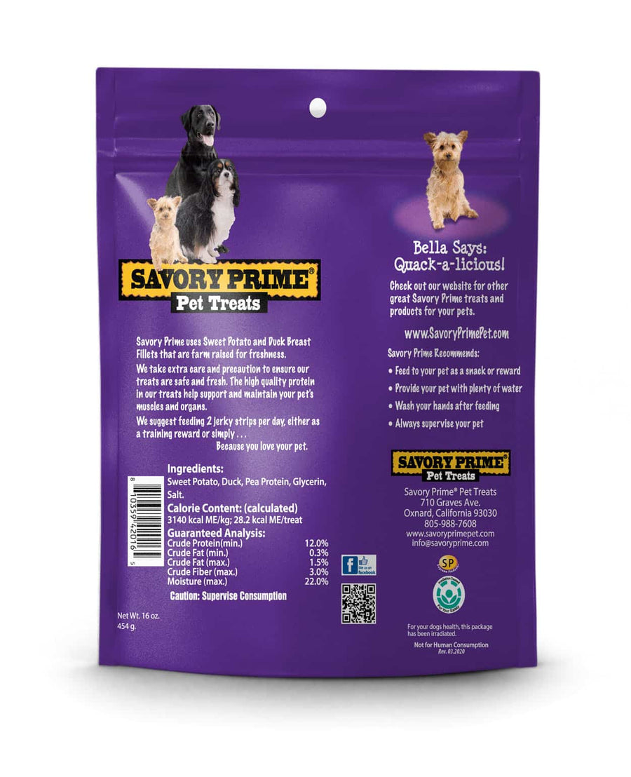 Back Pouch of Savory Prime Sweet Potato & Duck Jerky Treats Dogs