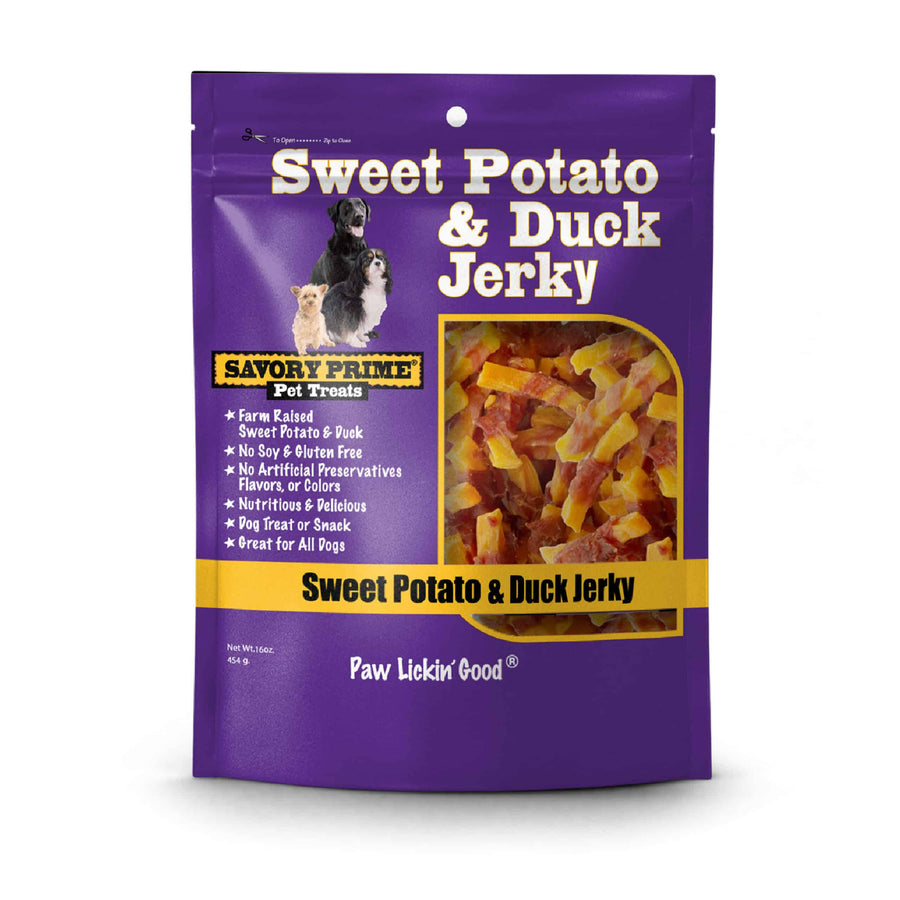 Front Pouch of Savory Prime Sweet Potato & Duck Jerky Treats Dogs 