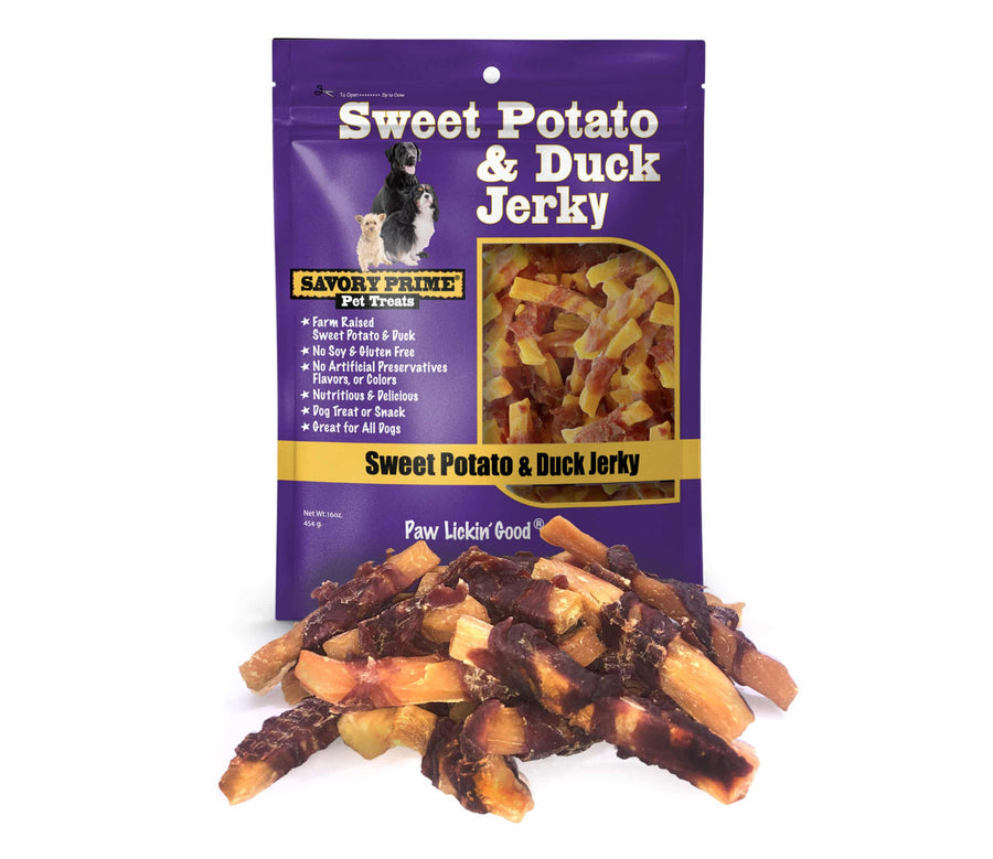 Front Pouch of Savory Prime Sweet Potato & Duck Jerky Treats Dogs 