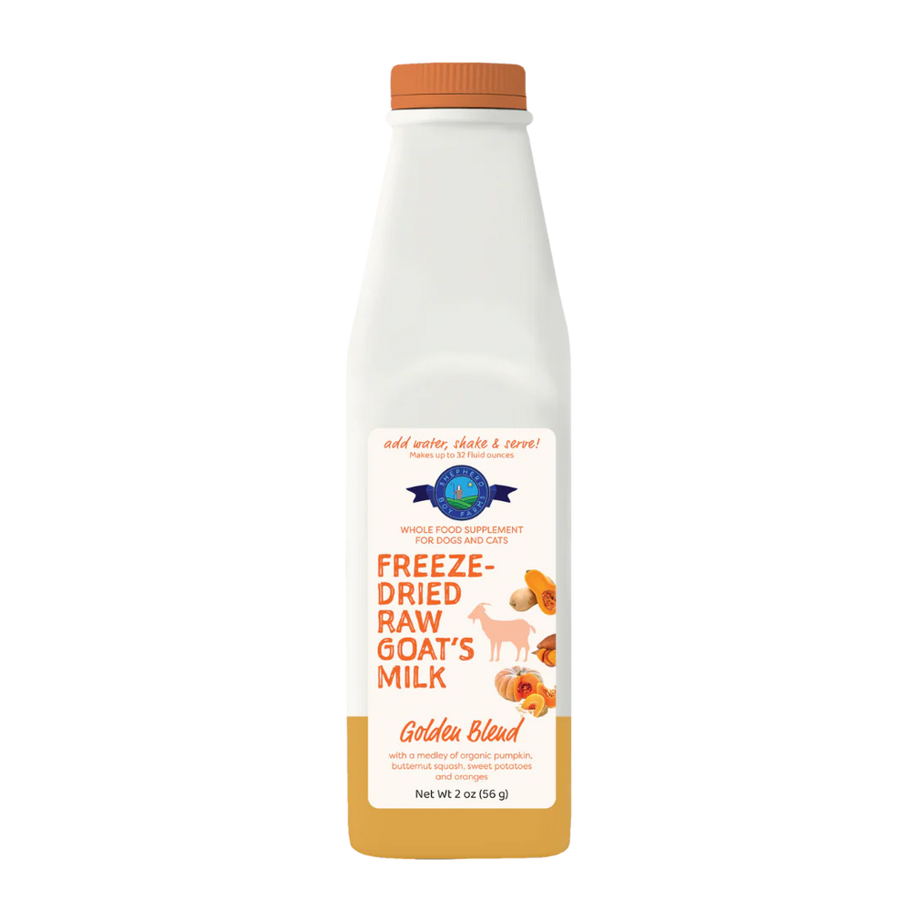 Front bottle of Shepherd Boy Farms Freeze Dried Raw Golden Blend Goat Milk 2 oz
