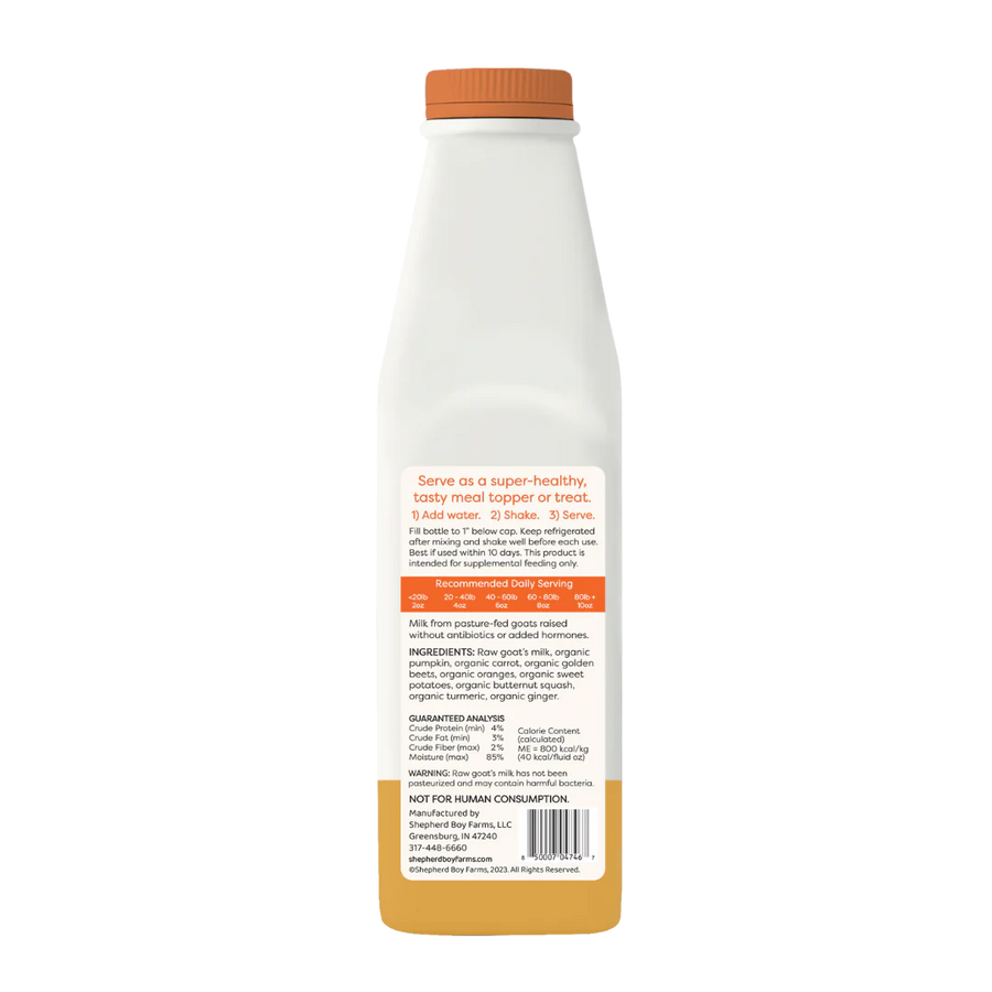 Back bottle of Shepherd Boy Farms Freeze Dried Raw Golden Blend Goat Milk