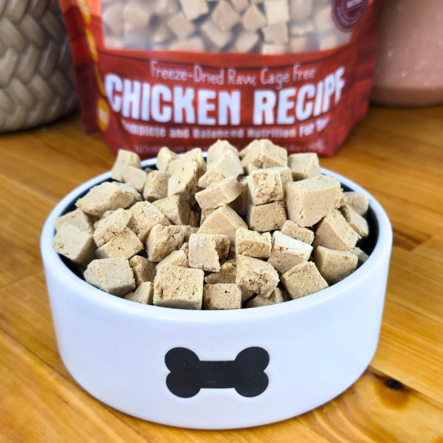 Shepherd Boy Farms Raw Freeze Dried Chicken Bliss Dog Food 14 oz in a bowl