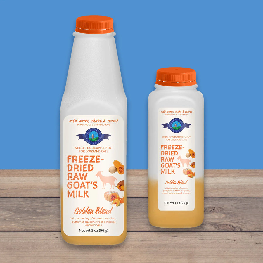 Front Bottles of Shepherd Boy Farms Freeze Dried Raw Golden Blend Goat Milk 2 oz and 1 oz