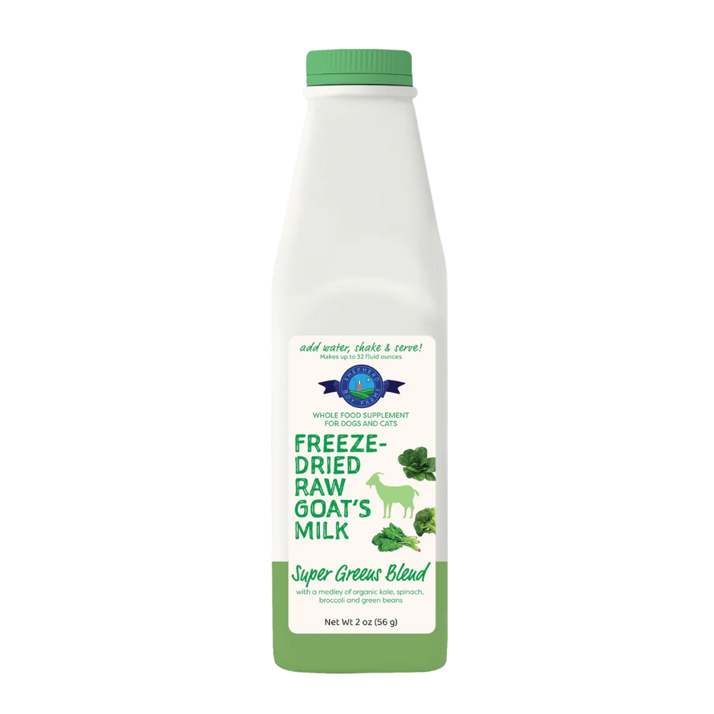 Front bottle of Shepherd Boy Farms Freeze Dried Raw Super Green Blend Goat Milk 2oz