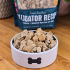 Shepherd Boy Farms Raw Freeze Dried Alligator Gourmet Dog Food 14 oz in a bowl