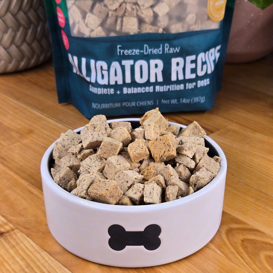 Shepherd Boy Farms Raw Freeze Dried Alligator Gourmet Dog Food 14 oz in a bowl