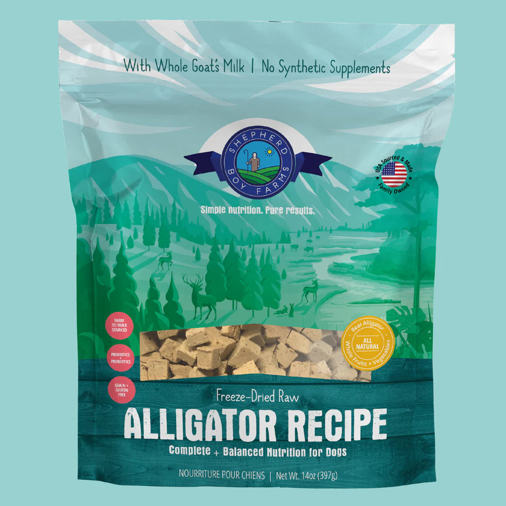 Front bag of Shepherd Boy Farms Raw Freeze Dried Alligator Gourmet Dog Food 14 oz