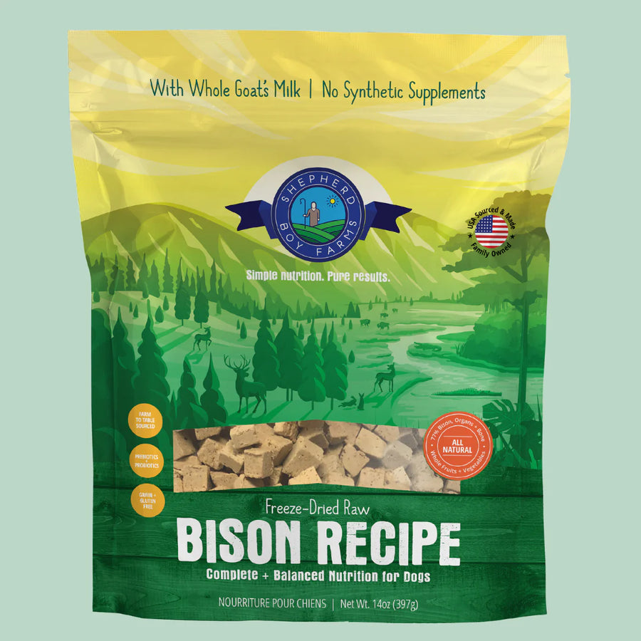 Front bag of Shepherd Boy Farms Raw Freeze Dried Bison Banquet Dog Food 14 oz