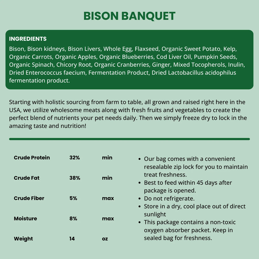 Ingredients of Shepherd Boy Farms Raw Freeze Dried Bison Banquet Dog Food