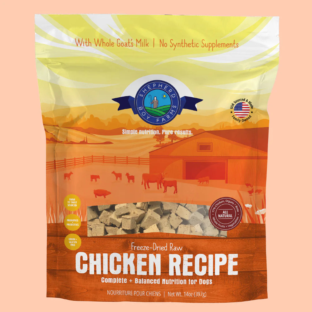 Front bag of Shepherd Boy Farms Raw Freeze Dried Chicken Bliss Dog Food 14 oz