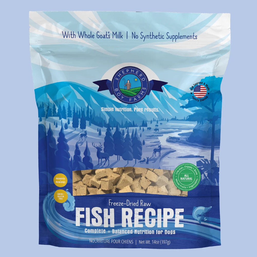 Front bag of Shepherd Boy Farms Raw Freeze Dried Fish Medley Dog Food 14 oz