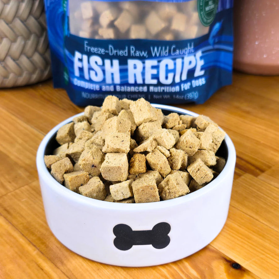 Shepherd Boy Farms Raw Freeze Dried Fish Medley Dog Food Mix in a bowl