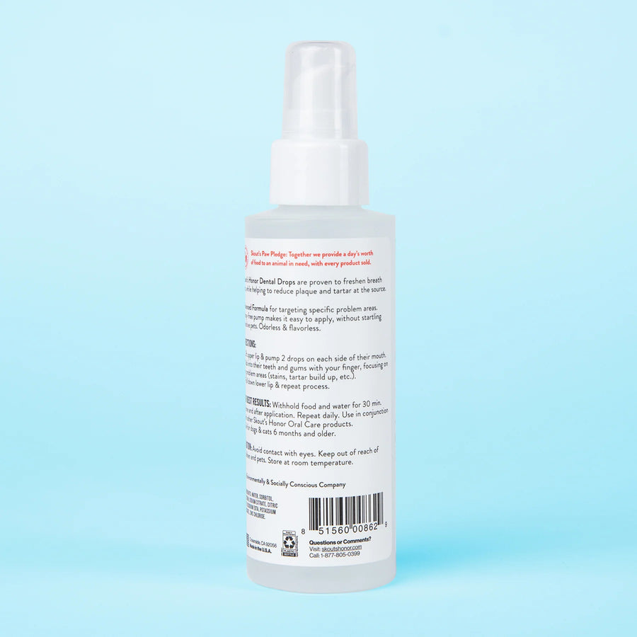 Back of Spray bottle of Skout's Honor Oral Care Advanced Dental Drops for Pets 4oz 