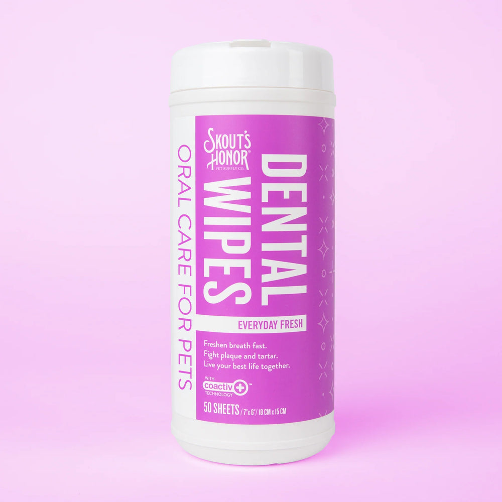 Front container of Skout's Honor Oral Care Dental Wipes for Pets 50s