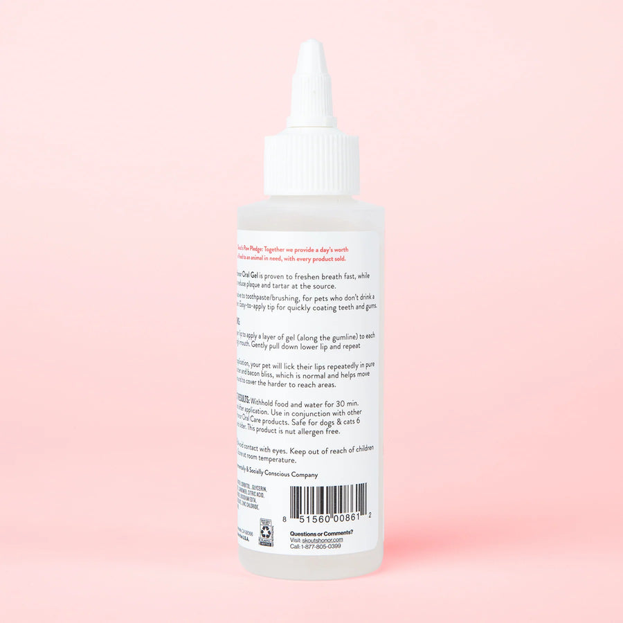 Back right side of Spray bottle of Skout's Honor Oral Care Oral Gel Peanut Butter & Bacon Flavor for Pets 4floz