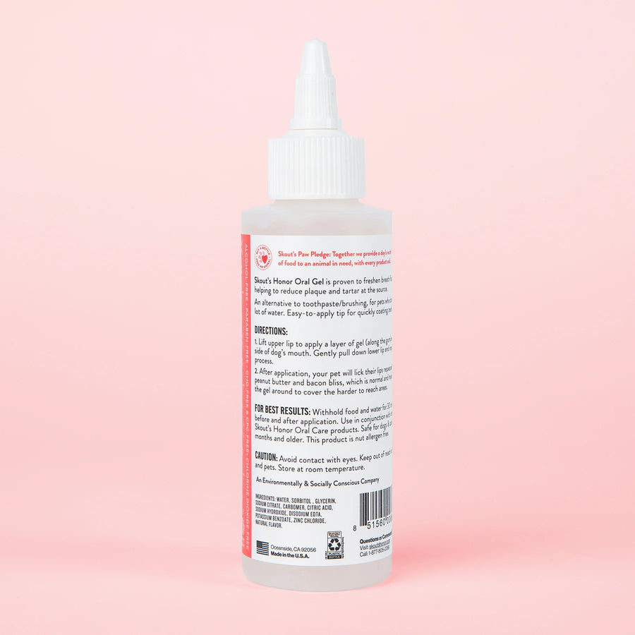 Back of Spray bottle of Skout's Honor Oral Care Oral Gel Peanut Butter & Bacon Flavor for Pets 4floz