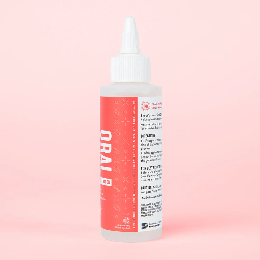 Right Side of Spray bottle of Skout's Honor Oral Care Oral Gel Peanut Butter & Bacon Flavor for Pets