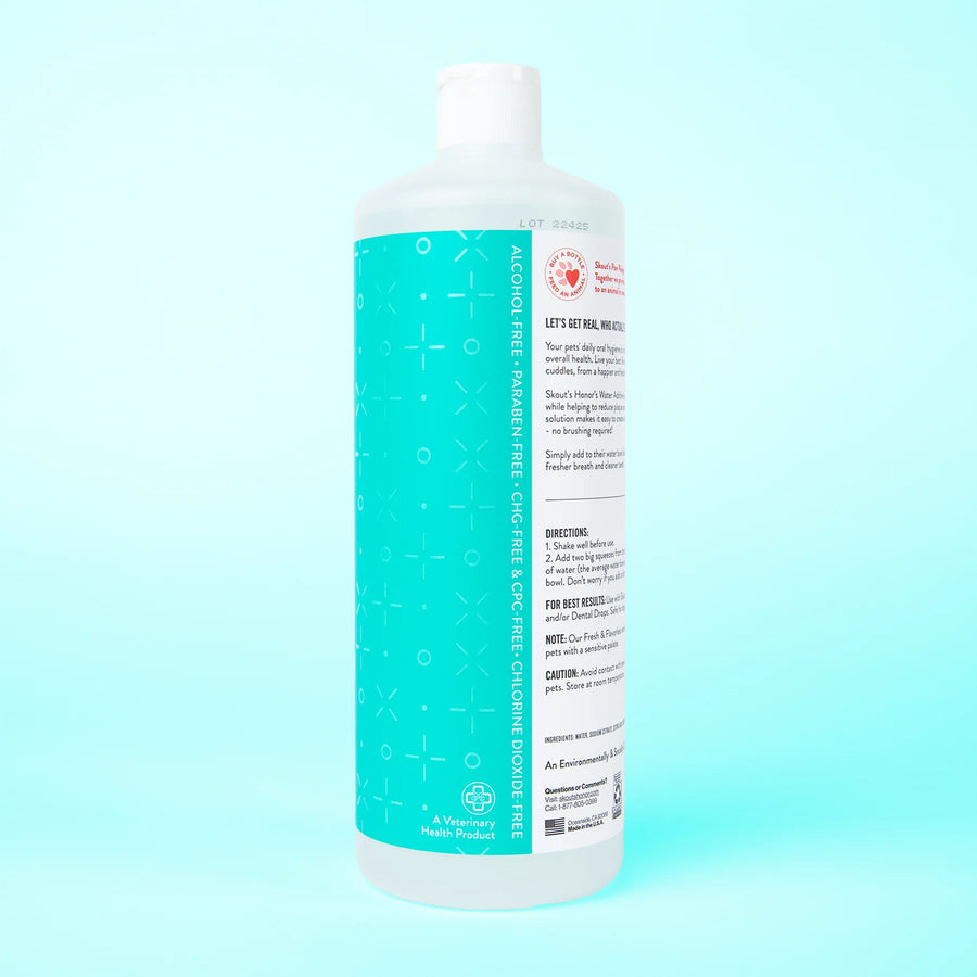 Side bottle of Skout's Honor Oral Care Pet Water Additive Fresh & Flavorless 32oz