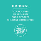 Brand Promise of alcohol free, paraben-free, chg and cpc-free and chlorine dioxide-free of Skout's Honor Oral Care