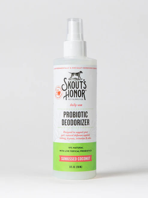 8 fluid ounce bottle with spray nozzle tip. Skout's Honor Probiotic Deodorizer Sunkissed Coconut Coat Spray.