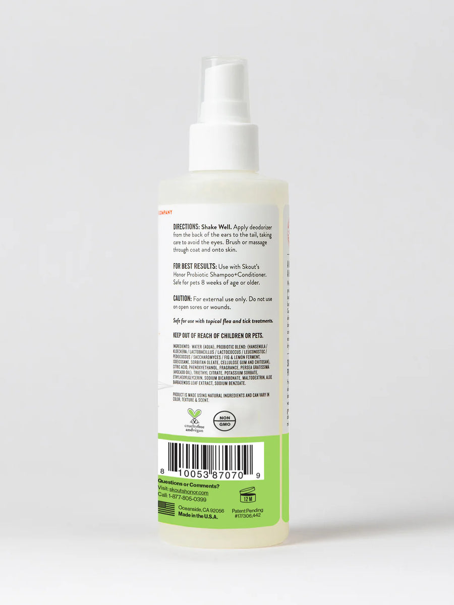 Back view of 8 fluid ounce bottle with spray nozzle tip. Skout's Honor Probiotic Deodorizer Sunkissed Coconut Coat Spray.