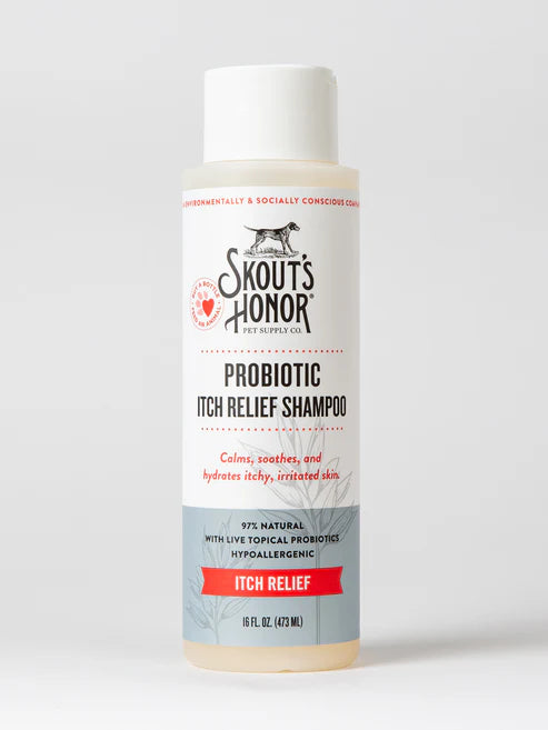 Front bottle of Skout's Honor Probiotic Itch Relief Dog Shampoo 16oz