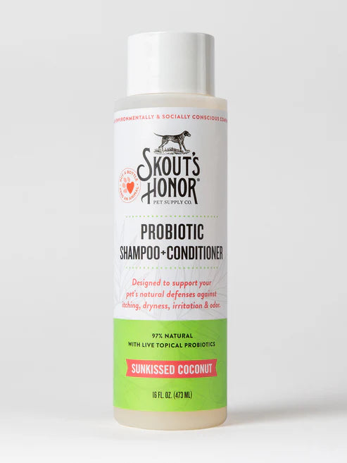 Front bottle of Skout's Honor Probiotic Sunkissed Coconut Shampoo & Conditioner 16oz