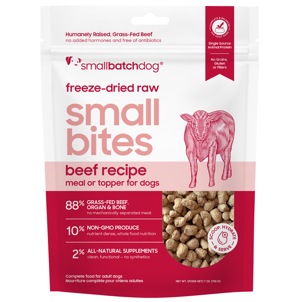 Small Batch Small Bites Freeze Dried Beef Recipe Meal or Topper front of bag. 