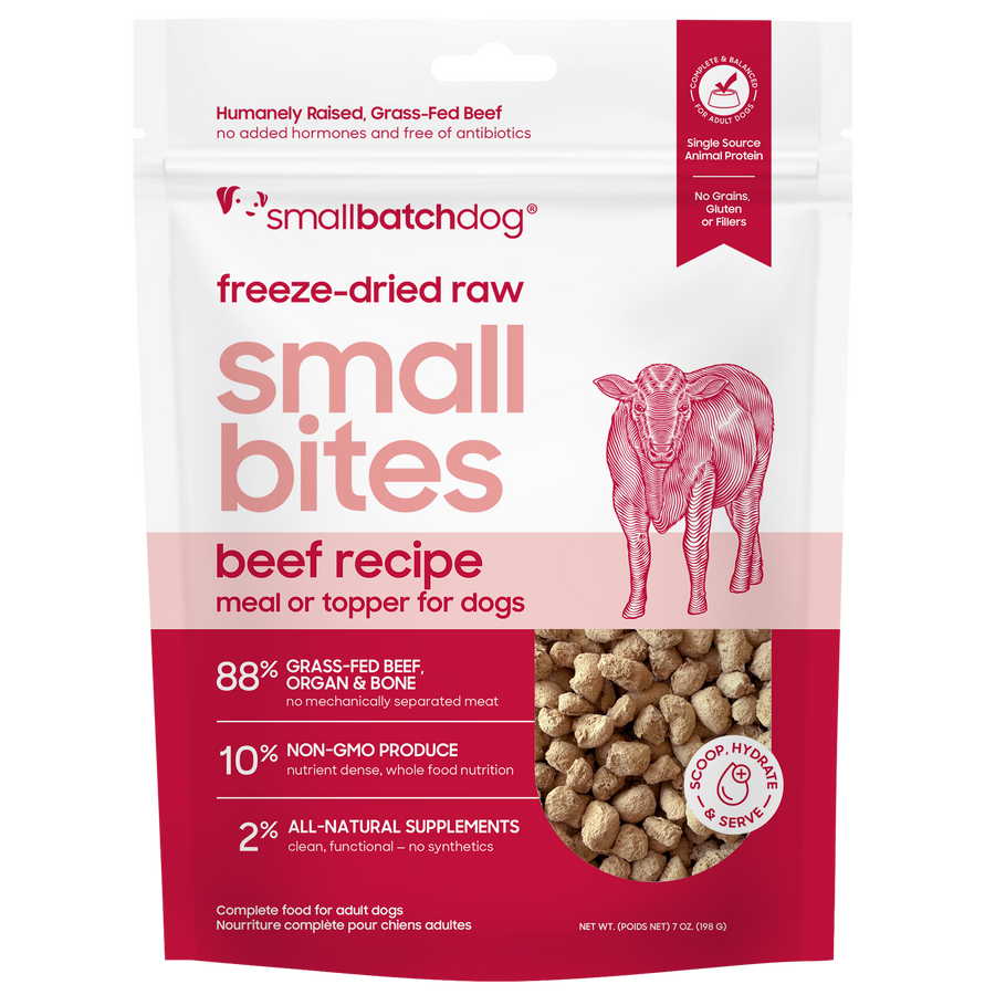 Small Batch Small Bites Freeze Dried Beef Recipe Meal or Topper front of bag. 