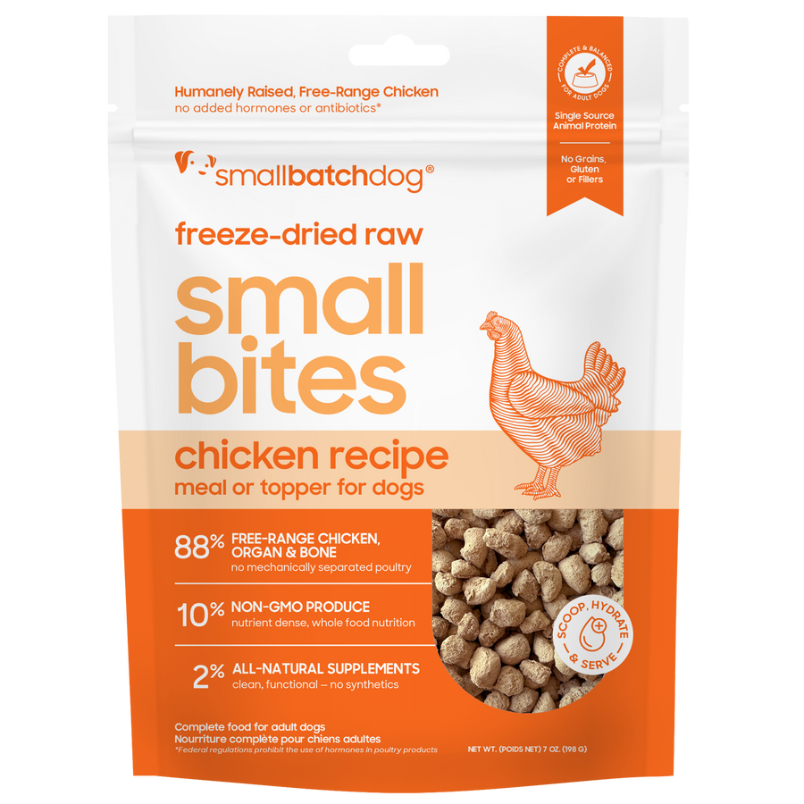 Small Batch Small Bites Freeze Dried Chicken Recipe Meal or Topper front of bag. 