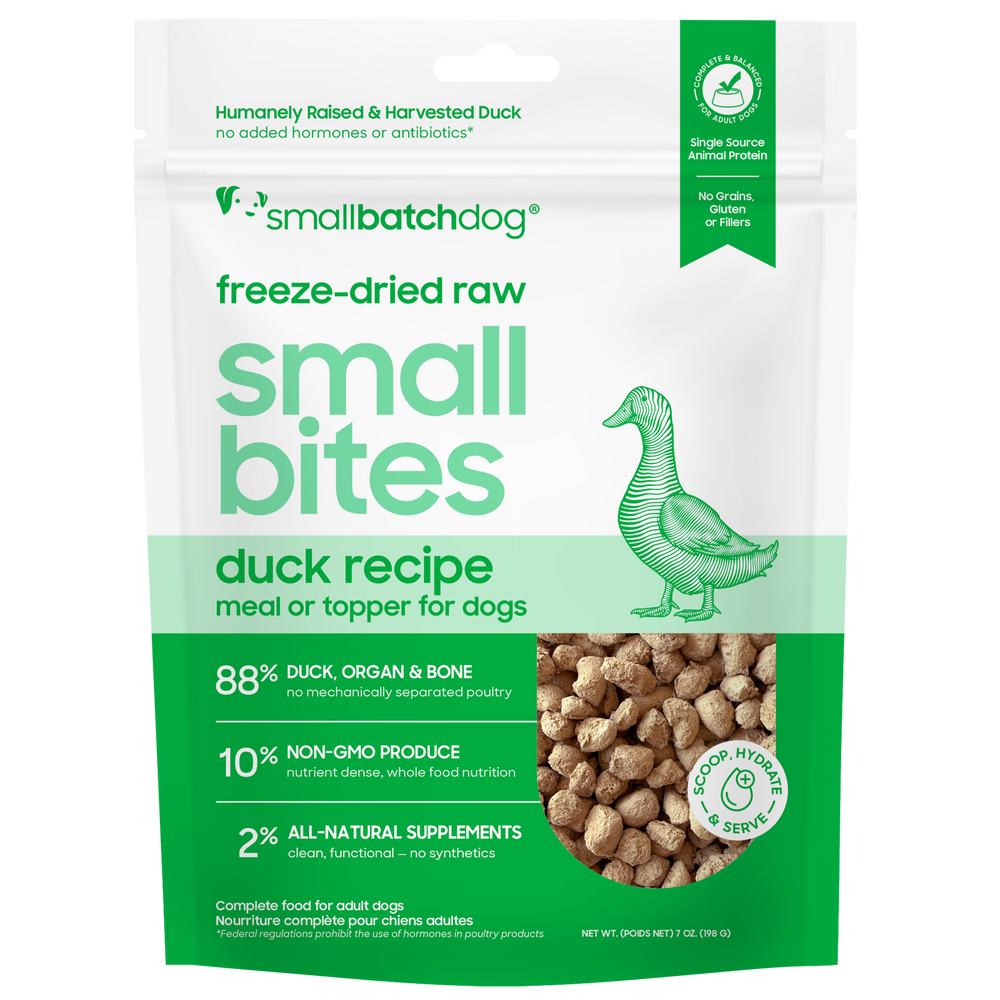 Small Batch Small Bites Freeze Dried Duck Recipe Meal or Topper front of bag. 