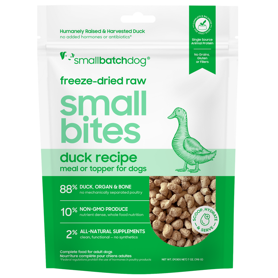 Small Batch Small Bites Freeze Dried Duck Recipe Meal or Topper front of bag. 