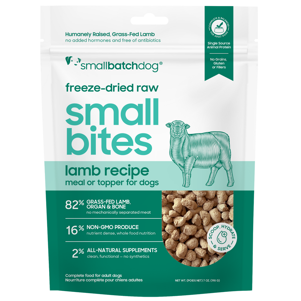 Small Batch Small Bites Freeze Dried Lamb Recipe Meal or Topper front of bag. 