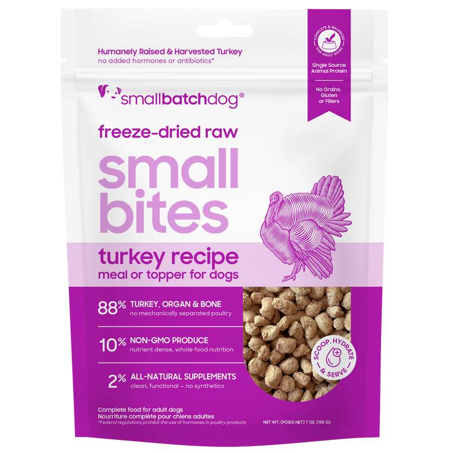 Small Batch Small Bites Freeze Dried Turkey Recipe Meal or Topper front of bag. 