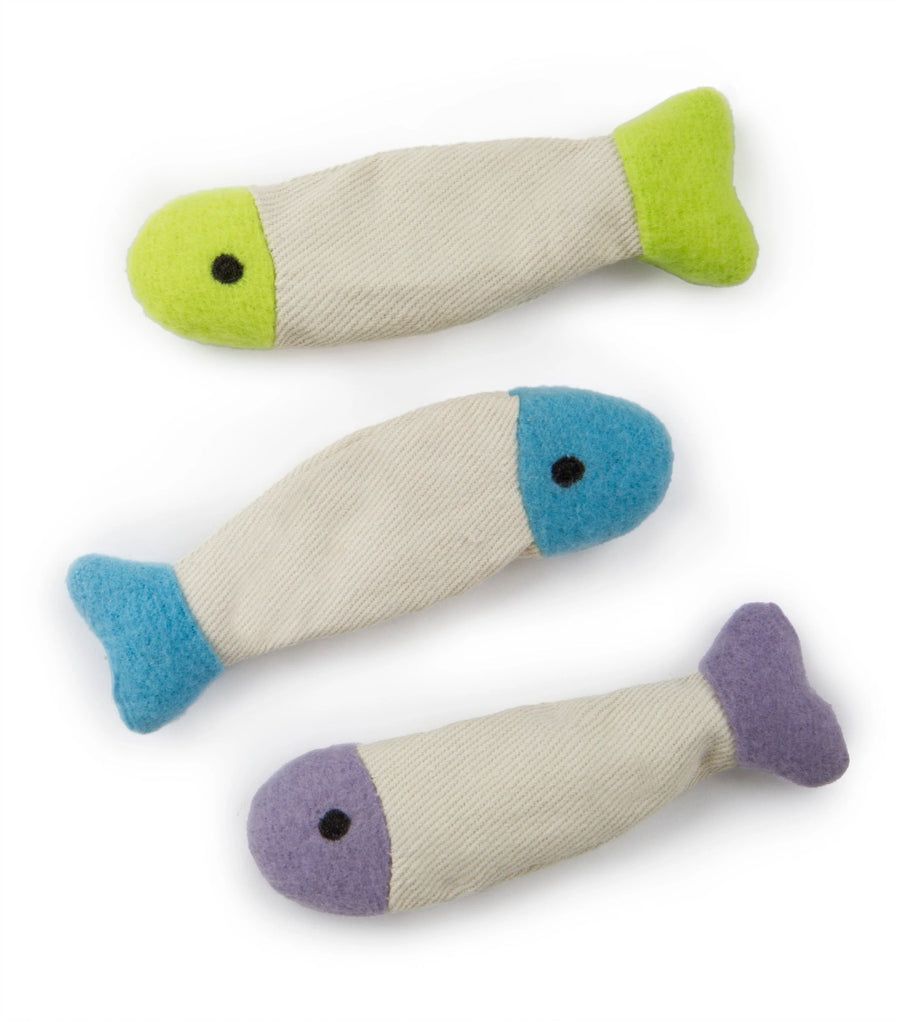 Green. Blue and Purple SmartyKat Fish Flop Plush Crinkle Catnip Toy Set of 3 on white background