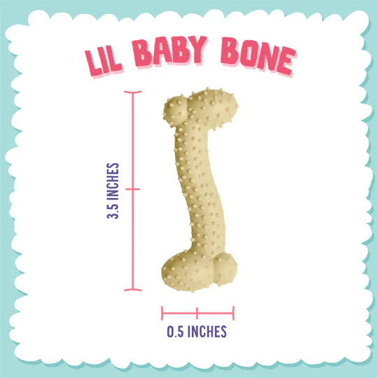 0.5 x 3.5 inches size of Snugarooz Lil Baby Bone Yellow Dog Toy
